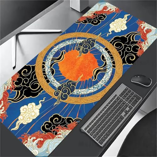 Blauer Kreis Mauspad Gaming,Extra groß Mauspads Tastatur Matte,mit Genähte Kanten XXL Mousepad,Erweiterter rutschfeste Desk Mat für Gamer & Home Office 600x300x3mm