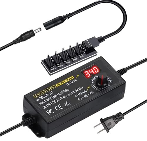 Delinx Upgrade 60W PC Fan Power Supply, 3-pin 4-Pin Computer Cooler Fans Speed Controller, 12V 5A 1 to 5 Way Splitter Fan Hub Power Supply Cable,100-240vAC to 3-12vDC Adjustable Fan Power Adapter