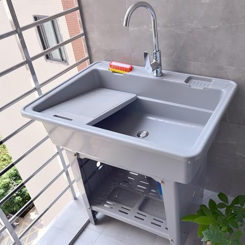 Lavadero Pila Exterior de Plástico PP con Tabla de Lavar y Grifo de Agua Caliente/fría, Lavamanos Portatil, Bañera para Mascotas, Pila Lavadero para El Hogar, Garaje y Jardín(Gray,80cm/31.5in)