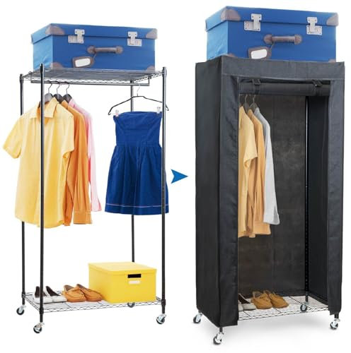 art moon Buffalo Schwarz Schwerlast Faltschrank auf Rollen, bis 70kg, Stoffschrank Stabil mit Kleiderstange und 2 Ablagen Kleiderständer Stahl, Flachs