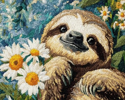 AxiangziK Tier Diy Knüpfteppich Faultiere Und Blumen Knüpfset Für Teppiche，Diy-Bastelset，Wandteppich，Kissen，Vorgedruckte Muster 55x75cm