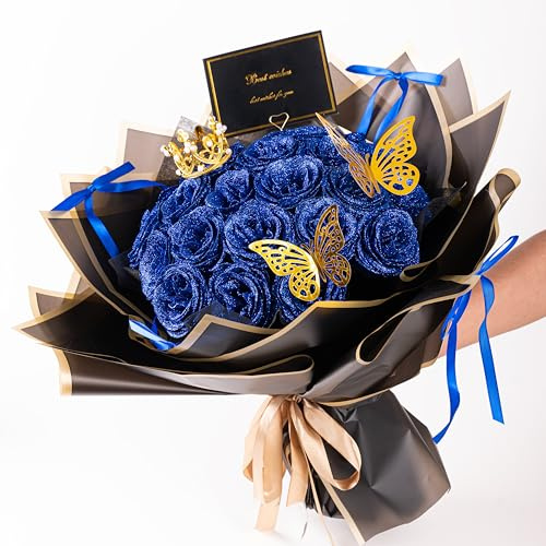 Joomsical Glitter Roses Bouquet, 24 Roses DIY Fake Flowers Bouquet, Everlasting Shiny Artificial Rose Bouquet, Valentine's Day, Anniversary, Engagement, Wedding, Blue