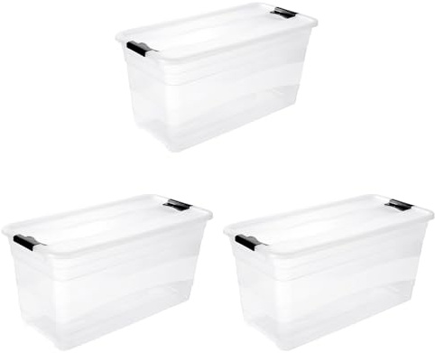 keeeper cornelia 3x Aufbewahrungsbox mit Deckel und Schiebeverschluss, 79,5 x 39,5 x 40 cm, 83 l, Transparent