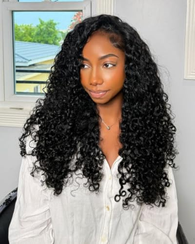 Curly Half Wigs 200 Density 3 In 1 Seamless Flip Over Half Wigs Human Hair Glueless Wear and Go Beginner Friendly Kinky Curly Human Hair Drawstring Headband Wig for Women 18 Inch
