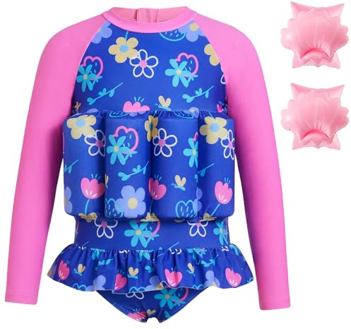 Gogokids Kinder Schwimmanzug mit Auftrieb, Schwimmflügel, UV 50+, 1-6 J | Badeanzug with 8 abnehmbare Kissen, Langarm-Set, Rückenzipper, UPF 50+ Polyester/Lycra, für Pool, Strand