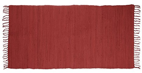 Relaxdays Flickenteppich rot 70 x 140 cm mit Fransen aus 100 % Baumwolle, einfarbig, Fleckerlteppich, red