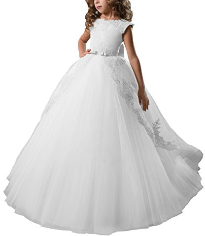 ABAO SISTER Flower Girl Dress Fancy Puffy Lace Tulle Ball Gown First Communion Wedding Pageant Formal Party Dress for Girls (White, 8)
