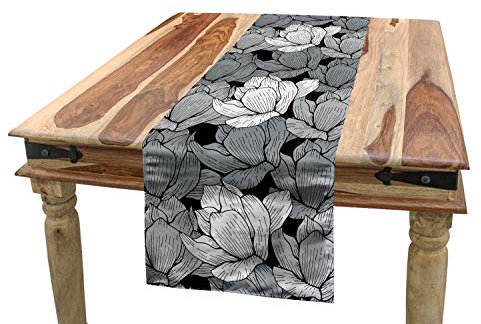 ABAKUHAUS Schwarz und Grau Tischläufer, Lotus, Esszimmer Küche Rechteckiger Dekorativer Tischläufer, 40 x 180 cm, Weiß Schwarz