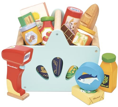 Le Toy Van - TV326 - Einkaufskorb- und Scanner-Lernspiel aus Holz, für Kinder ab 2 Jahren, 13 Zubehörteile inklusive, ökologisches Spiel, Montessori, hergestellt aus FSC