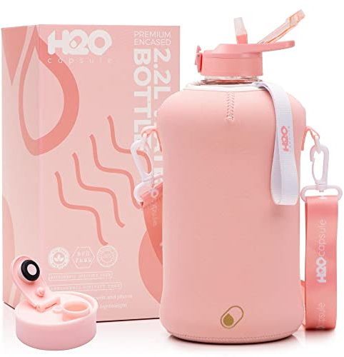 H2O Capsule 2,2 l Wasserflasche mit Aufbewahrungshülle und abgedecktem Strohhalm-Deckel – BPA-freier großer wiederverwendbarer Getränkebehälter mit Griff – großer Sportkrug, 2,2 l (7 oz) Rosenquarz