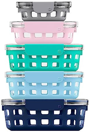 Ello Duraglass Glass Food Storage Mixed Set - Glass Food Storage Meal Prep Bowls with Silicone Sleeve and Airtight Lids, 10 piece 5 pack, Venice Boardwalk