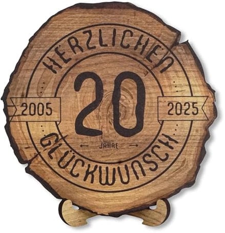 DARO Design – Baumscheibe mit Gravur für 20. Jubiläum – Firmenjubiläum Geschenk aus Holz – Dienstjubiläum Holz Geschenke mit Gravur – Dicke 6mm, Durchmesser 30cm