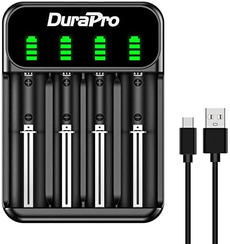 DuraPro LCD Universal Smart Charger with Type C Port for Rechargeable Li-ion Batteries 18650 16340 26650 18490 17670 17500 14500, Ni-MH/Ni-Cd AA AAA Batteries