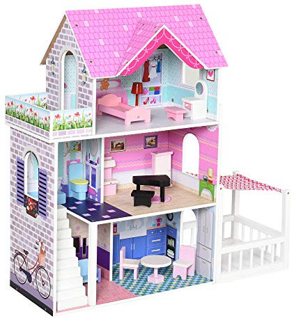 HOMCOM Puppenvilla Mädchen Spielzeug Kinder Puppenhaus aus Holz Puppenstube Dollhouse 3 Etagen mit Möbel und Zubehör 86 x 30 x 87 cm