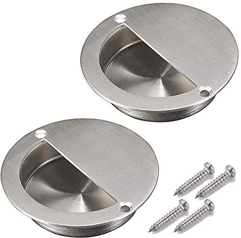 Mesee 2 Packs Recessed Sliding Door Handles with Fixing Screws, 90mm Stainless Steel Concealed Round Flush Pull Handle Finger Pulls Wardrobes Drawer Cabinet Doors Knob