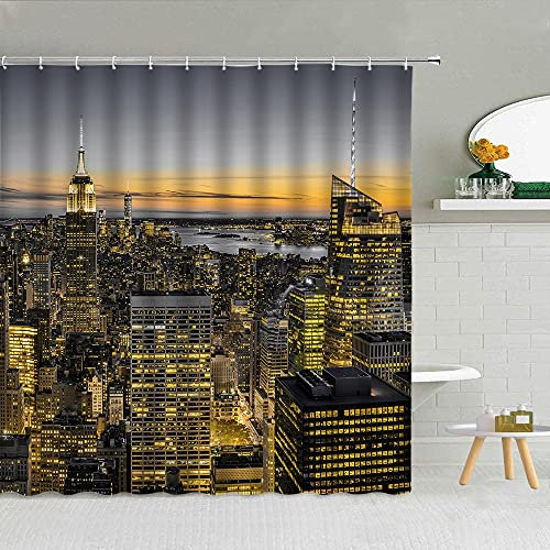 XCBN American City Night View Duschvorhang Wasserdichtes Gewebe Badezimmer Dekorativer Duschvorhang Haken Vorhang C 180x180cm