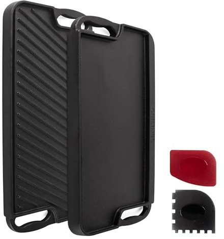 Cast Iron Griddle / Grill + Pan Scrapers/Cleaners - Reversible Preseasoned 20 X 10-inch Dual Handle Flat Skillet and Grille Pan + Cleaning Accessories - Indoor/Outdoor, BBQ, Fire & Stove Burner Safe