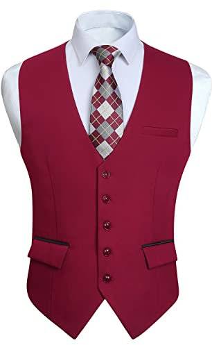 HISDERN Gilet Costume Vin Rouge Homme Mariage Formel Gilets sans Manche Business Classique Casual Veste Fête avec Poches Mode 3XL