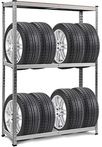 GYMAX Scaffale Porta Gomme Auto in Metallo, a 3 Ripiani, Portata di 265 kg/Strato, Supporto per 8 Pneumatici, Ideale per Officina, Garage, Magazzino, 180x40x120 cm