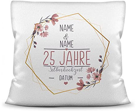 Kissen Hochzeitstag Silber Hochzeit - mit Name & Datum selbst gestalten - 25 Jahre Ehe, Geschenk Hochzeit, Jubiläum, Jahrestag - Kissen Weiß flauschig, 40x40 cm I Personalisiert