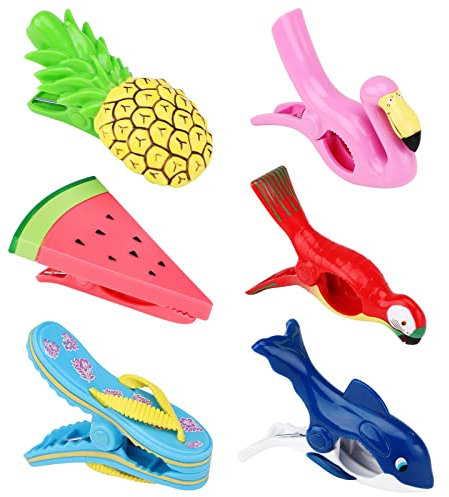 6 Stück Strandtuch Klammern,handtuch klammern, Handtuchklammern für Strandliegen Flamingo, Papagei, Wassermelone,Ananas Stuhlklammern,tragbare Winddicht handtuchklemmen Große Wäscheklammern (Pink)