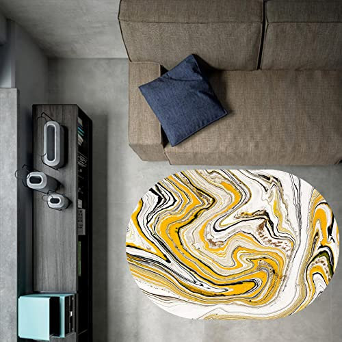 Rururug Teppich Oval Kurzflor Modern Design rutschfest Waschbar Teppiche Korridor Schlafzimmer, Küche, Wohnzimmer,Senfgelb abstrakt, Aquarellmalerei, Oval 100 x 160 cm