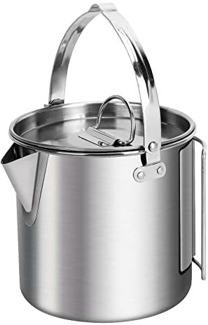 1.2L Camp Kettle Camping Pot Stainless Steel Camping Hanging Cup Foldable Handle Narrow Spout Portable Rust Resistant Outdoor Kettle Stainless Teapot for Camping Hiking Fishing Picnic- Silver