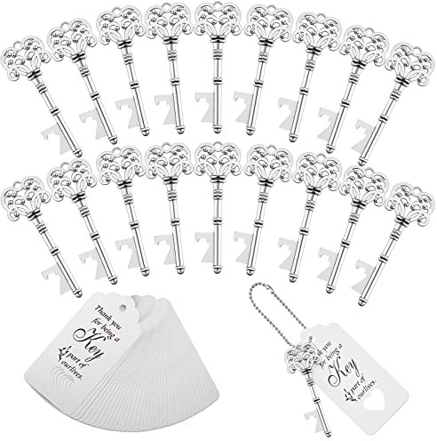150 Pcs Wedding Favors Bottle Opener Wedding Gifts Vintage Skeleton Key Bottle Opener Souvenir Gift Party Favors with Escort Tag Cards and Key Chains for Party Bridal Shower (Silver)