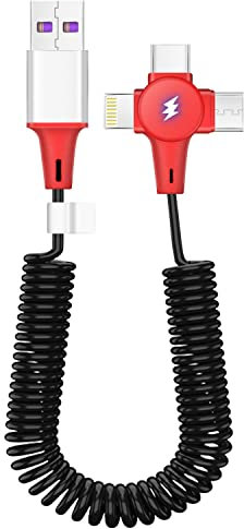AICase Cavo di Ricarica Multi per Apple CarPlay, a Spirale a Molla di Espansione, Retrattile Tre in Uno Con Connettori Micro USB IP Tipo C per Android/Apple/Samsung