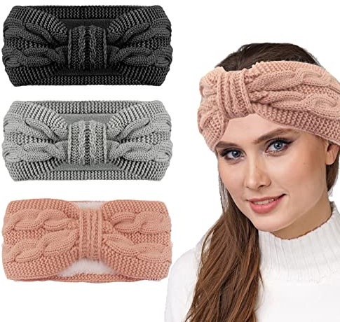 Stirnband Damen Winter 3 Stück Gestrickte Haarreifen Elastisches Haarband Kosmetik Gestrickt Ohrenwärmer Stirnband Damen Mädchen für Outdoor Sport Skifahren Laufen Workout(Schwarz Pink Grau)