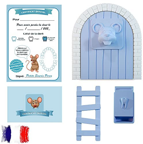Myfuturshop® Ratoncito Pérez Puerta mágica, Caja para el Diente, Escalera, 4 certificados de Diente Limpio. Regalo Original para niño y niña. VERSION FRANCESA (AZUL)