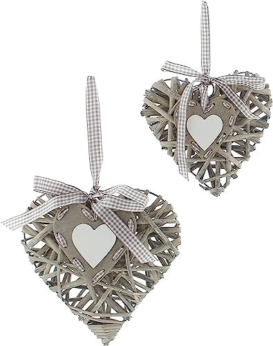 khevga Decorazione a forma di cuore per finestre da appendere, set da 2 pezzi, in vimini grigio calcato, decorazione rustica per finestre e porta di casa, cuori decorativi con nastro a quadri e