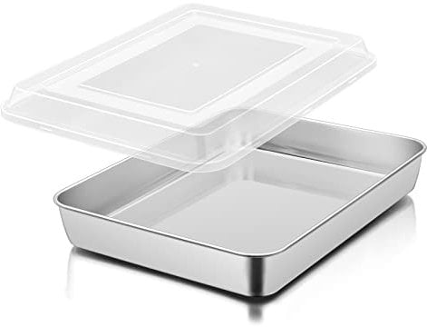 Herogo, teglia da forno profonda con coperchio (26,5 x 20,6 x 5 cm), in acciaio inox, rettangolare, per torte, brownie lasagna, finitura a specchio e lavabile in lavastoviglie