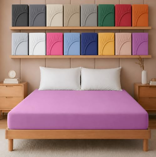 Hafaa Single Fitted Sheet – Easy Care 25 cm Deep Brushed Microfibre Elastic Purple Fitted Bed Sheets- Shrinkage and Fade Resistant (91 x 191 cm)