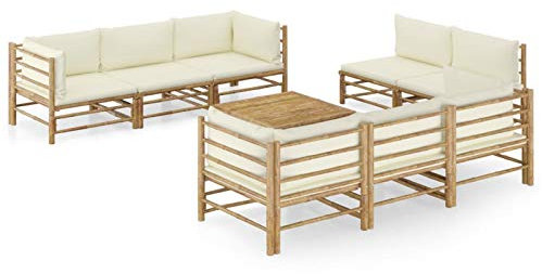 Yolola gartenmöbel Set Bambus mit Auflagen Balkonmöbel Balkonlounge Gartenlounge Loungemöbel Sitzgruppe Garten Sofagarnitur Terassenmöbel -Creme Kissen-9-tlg