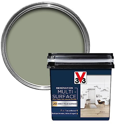 V33 Renovation Multi-Surface Paint - No Undercoat Needed - Over 20 Surfaces - Resistance To Water Stains & Impact - High Coverage - Khaki Green 750ml