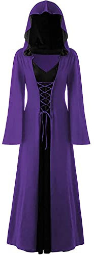 Vestito da strega vintage per Halloween, costume medievale rinascimentale, costume da strega vampira con cappuccio (viola-nero, 3XL)