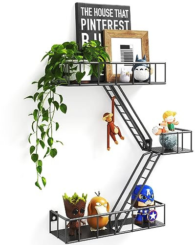 Fire Escape Wall Shelf with Baskets, 3-Tier Metal Fire Escape Ladder Shelf Wall Organizer, New York Inspired Decorative Shelf, Black Floating Action Figurine Display Shelves for Bedroom, Home Décor.