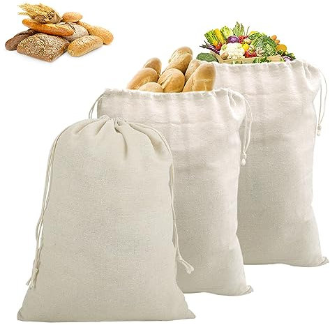 HENGBIRD 3 Pcs Linen Bread Bags - Organic, Eco-Friendly, Reusable with Drawstring