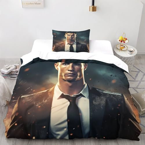 LSORU Ronaldo 3D Bettwäsche Set Kinder Erwachsene, Microfaser Bettbezug Und Kissenbezüge Mit Reißverschluss Weich Haltbar Atmungsaktive Single(135x200cm)