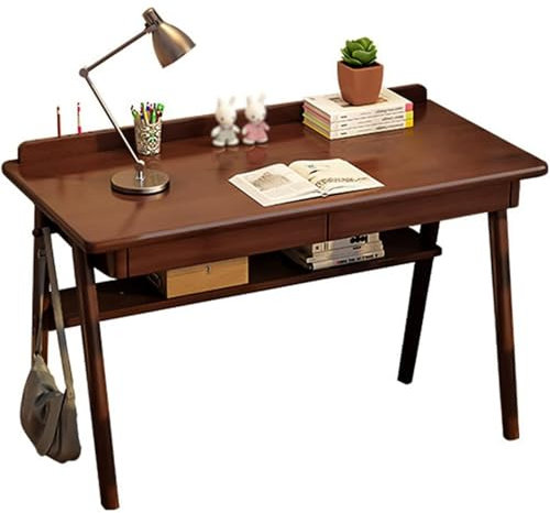 Vockol Mesa Escritorio Ordenador con 2 Cajones, Escritorio de Madera Maciza, Escritorio de Estudio, Escritorio Portatil, Casa y Oficina Escritorio, 120 x 60 x 75 cm, Nogal