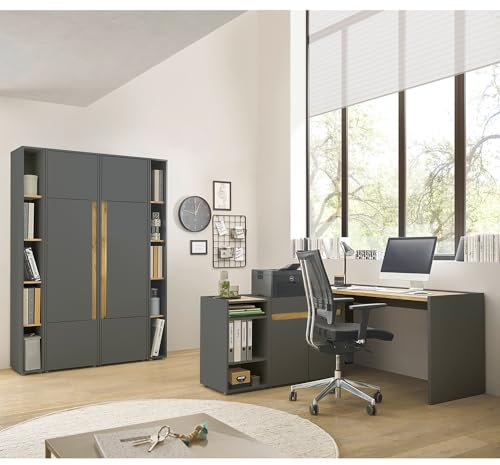 Lomadox Büromöbel Set anthrazit mit Eiche 7-teilig modern, 1 Schreibtisch, 1 Regal, 1 Kommode, 2 Stauraumschränke, 2 Aktenregale