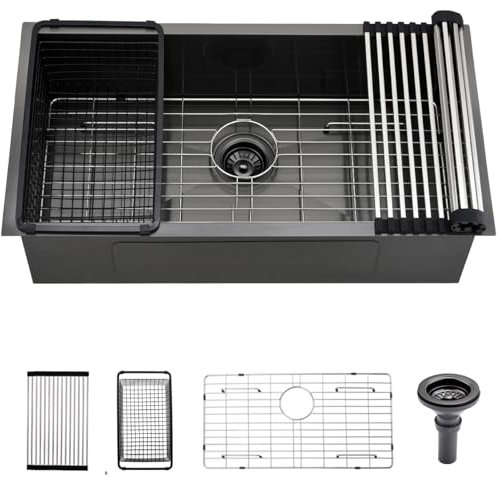 Luckyhorse 32 Unterbauspüle, schwarz, Küchenspüle, 81,3 x 43,2 x 22,9 cm, 18 Gauge, Nano, schwarz, Edelstahl, Unterbau, Nano, schwarz, Küchenspüle, Außenspüle, LH024SX