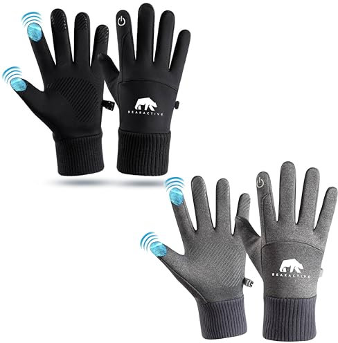Bearactive 2 x wasserdichte Winterhandschuhe für kaltes Wetter mit warmem Futter, Touchscreen-Handschuhe, rutschfeste Handschuhe, winddichte Laufhandschuhe für Damen und Herren, Grau und Schwarz,