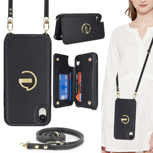 ELTEKER for iPhone XS Max Phone Case with Card Holder and Strap,PU Leather Wallet Case Flip Cover with Crossbody Lanyard Strap for iPhone XS Max (6.5 Inch) - Black