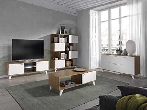 MOMMA HOME Ensemble complet de salon modèle Quiatur, finition chêne et blanc, buffet + meuble TV + table basse + étagère
