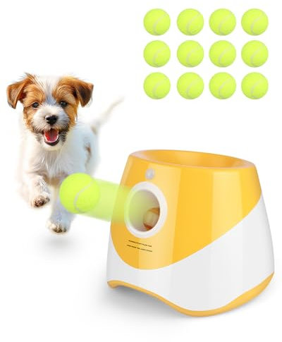Rigshru Lanzador de pelotas automático interactivo para perros, 12 pelotas de tenis, lanzador de pelotas para perros medianos y pequeños, máquina de lanzamiento automático, lanzador de pelotas para