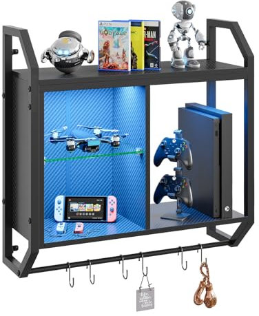 Bestier 25 LED Gaming Floating Shelves for Wall, Wall Mounted Shelf Pipe Adjustable Glass Shelves, Hanging Display Rack with 6 S-Hooks Towel Bar, Gaming Room Decor Shelf, Carbon Fiber Black