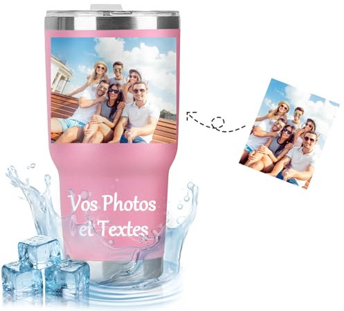 Mug Thermos Personnalisé avec Photo Texte, Travel Mug Isotherme Cafe, Tasse Isolé Sous Vide en Acier Inoxydable à Double Paroi, Boissons Froides Chaudes en Plein Air Bureau 600ml (Rose)