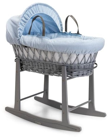 Clair de Lune Waffle Grey Wicker Moses Basket with Grey Standard Rocking Stand - 68 x 30 cm (Blue)